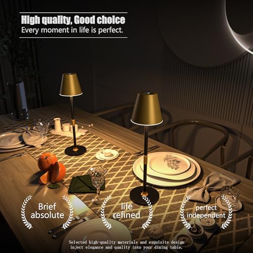 Timjorman 2-Pack Cordless Table Lamps - 5000mAh Rechargeable Battery Operated Desk Lamp, 3-Level Dimmable LED Night Light for Bedroom, Dining, Restaurant - Metal Design(Gold&Black 2-Pack) - Image 3