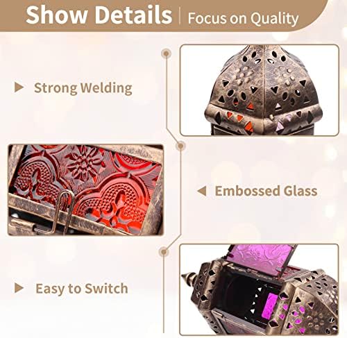 2 Pcs Hanging Hexagon Decorative Moroccan Candle Lantern Holders, Handmade Hanging Tea Light Holder in Bronze Metal & Red & Purple Glass Gift & Decor Items - Image 5