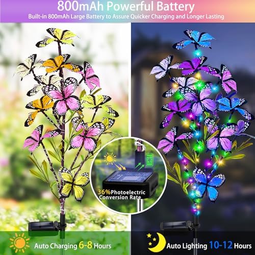 MRHEPHAESTUS Solar Garden Lights Outdoor, Waterproof 2 Pack Solar Butterfly Lights with 60 LED 12 Butterfly Colorful Lighting for Garden Yard Lawn Outdoor Decor, Gift for Mom Women Mother's Day - Image 3