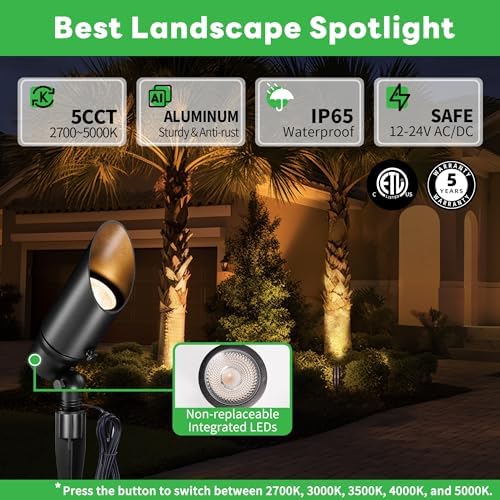 Landscape Spotlights Low Voltage - 2700K/3000K/3500K/4000K/5000K Selectable Uplights, 12V LED Spot Lights, Stretchable Shroud Outdoor Waterproof, Aluminum Black for Outside Trees 4 Pack - Image 2