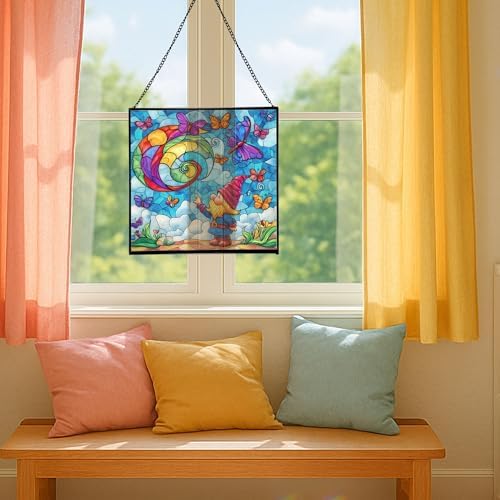 Gnome with Butterfly Friends Stained Glass Suncatcher – Square Hanging Window Panel for Home or Greenhouse – Whimsical Glass Art Gift for Garden Lovers, Christmas, Halloween, Father Days QXO4Ef - Image 5