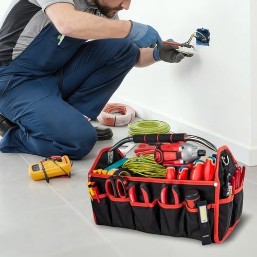 HAUTMEC 16" Foldable Tool Tote Bag, Open Top Tool Bag with Stiff Frame, 16-Pockets Electrician Tool Bag with Padded Steel Handle, Shoulder Strap & Water-Resistant Hard Base – TB0002 - Image 5