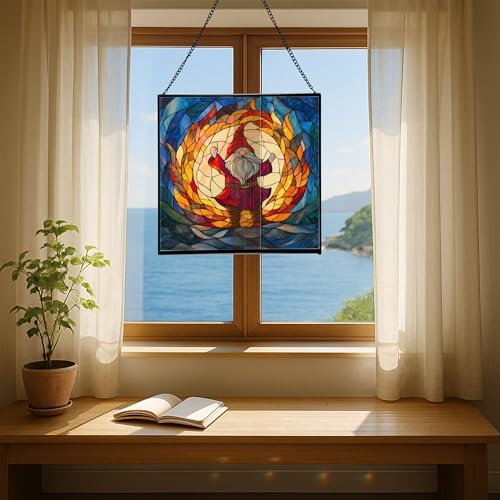 Fire Ring Gnome Dance Stained Glass Suncatcher – Square Hanging Window Panel for Home or Greenhouse – Whimsical Glass Art Gift for Garden Lovers, Christmas, Halloween, Father Days GdB5ES - Image 6