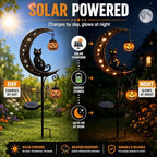 Solar Halloween Black Cat & Pumpkin Moon Garden Stake Light, Waterproof Metal Black Cat Yard Ornament with Hanging Pumpkin Lantern, Outdoor Spooky Decor for Garden, Patio, Lawn, Pathway - Image 3