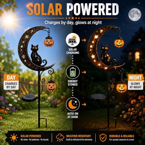 Solar Halloween Black Cat & Pumpkin Moon Garden Stake Light, Waterproof Metal Black Cat Yard Ornament with Hanging Pumpkin Lantern, Outdoor Spooky Decor for Garden, Patio, Lawn, Pathway - Image 3