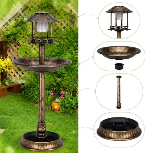 LDAILY Outdoor Bird Bath, 42’’ Solar Lighted Pedestal Birdbaths with Birds Feeder ,20’’ Water Bowl, Flower Planters and 3 Stakes, Attract Birds Antique Bird Bath for Outside Garden, Yard (Bronze, 42‘’) - Image 2