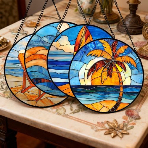 DASTOLL Stained Glass Window Hanging 4 Pcs Set Blue Orange Ocean Beach Theme 9.8" - Suncatcher Door Garden Sun Catcher Decor Birthday Christmas for Mom Woman Nana Men Wife - Image 2