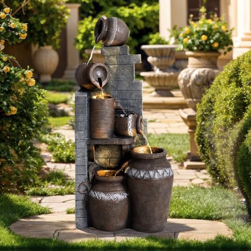 5-Tiers Garden Fountains Outdoor W/LED Light, Modern Fountain Waterfall Floor-Standing Cascading Water Feature for Patio Deck, Porch, Yard Decor (31.5" H) by USSerenaY