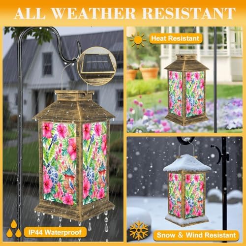 Solar Lantern Outdoor Waterproof Exotic Tropical Floral Hibiscus Blue Birds Vase Pagoda Garden Decor LED Hanging Solar Lights Tabletop Lamp Gifts for Women Mom Outside Yard Patio Porch - Image 3