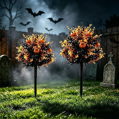 Outdoor Artificial Flowers Fake Plants, Artificial Topiary Balls with Ground Spikes, UV Resistant, Mix 4 Colors, 2 Pack, 20 inch, Garden Porch Patio Gravesite Indoor Decor (2 PCS Pumpkin Color) - Image 6