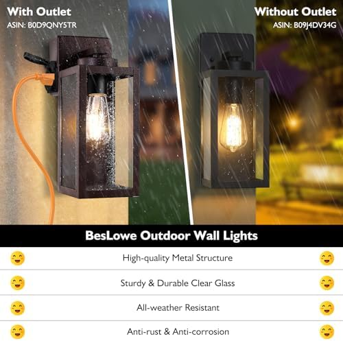 BesLowe Porch Lights with Outlet, Brown Modern Outdoor Wall Light Fixtures - Image 3