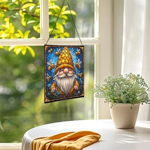 Bee Keeper Gnome Stained Glass Suncatcher – Square Hanging Window Panel for Home or Greenhouse – Whimsical Glass Art Gift for Garden Lovers, Christmas, Halloween, Father Days jHIJ7k - Image 3