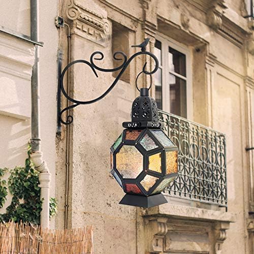 Lewondr Retro Iron Ramadan Candle Lantern, Portable Moroccan Wrought Iron Stained Glass Candle Holder Hanging Lamp Horse Light Wind Lantern for Home Decor Ramadan – Black + Colorful - Image 5