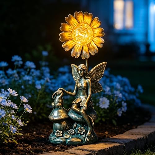 Garden Solar Fairy Statue - Mushroom Seat, Touching Rabbit, Iron Flower Glass Ball, Whimsical Outdoor Ornament - Image 6