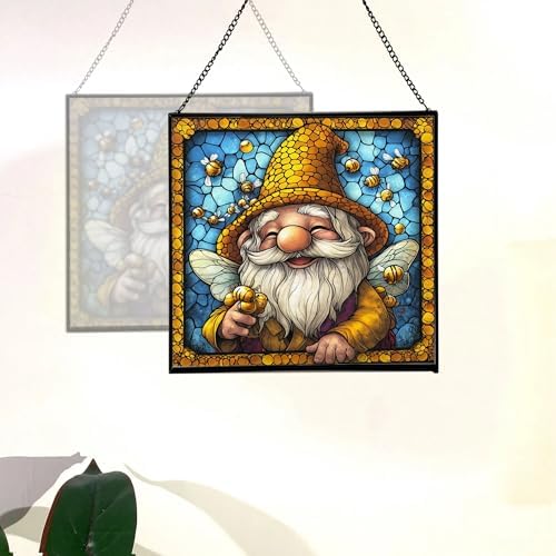 Bee Keeper Gnome Stained Glass Suncatcher – Square Hanging Window Panel for Home or Greenhouse – Whimsical Glass Art Gift for Garden Lovers, Christmas, Halloween, Father Days sRuQKl - Image 4