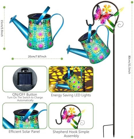 Solar Lights Outdoor Decorative, 2 Pack Blue Metal Watering Can with Lights - Image 3