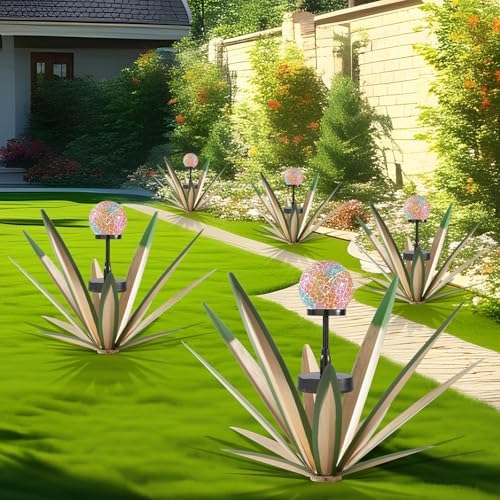 2Pack Metal Agave Rustic Sculpture Yard Decor with Solar Mosaic Light, 21Inches Height Hand Painted Metal Tequila Garden Statue Green - Image 6