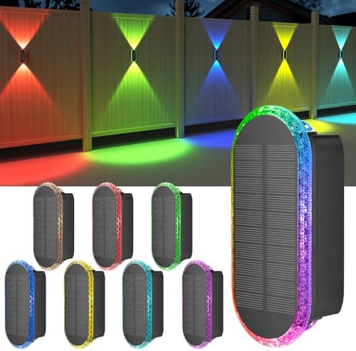Ellasay Solar Fence Lights Backyard: 8-Pack Fence Lights Solar Powered 8 WRGB Color Modes - Up & Down Waterproof Solar Wall Lights for Outdoor/Yard/Poolside/Porch/Patio/Railing by ELLASAY