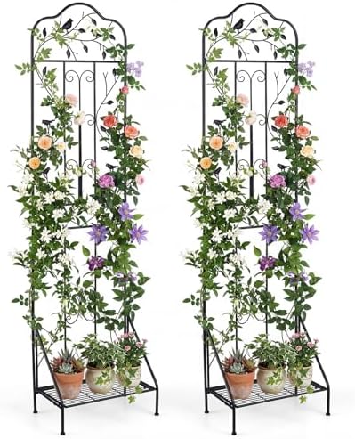 Giantex Metal Garden Trellis for Climbing Plants Set 2, 75" x 20" Outdoor Rose Trellis w/Foldable Bottom, Freestanding Plant Support for Vines, Flowers, Vegetables & Fruits, Patio Lawn Garden, Black by Giantex
