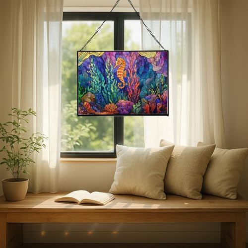 Glowing Coral Garden with Tiny Seahorse Rectangular Stained Glass Suncatcher – Hanging Window Panel with Animal & Nature Scene – Vibrant Glass Art Gift for Wildlife, Fantasy, Nature Lovers gQJxpI - Image 7