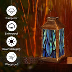 Solar Lantern Blue Stained Glass Window Seamless for Modern Design Luxury Outdoor Garden Hanging Lantern Waterproof Solar Powered Lighting Outside Table Lamp for Deck Yard Camping Patio Decor - Image 5