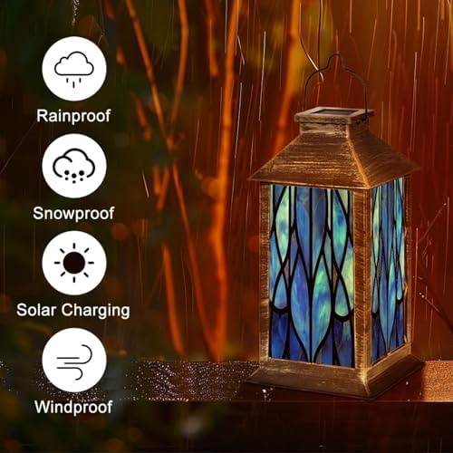 Solar Lantern Blue Stained Glass Window Seamless for Modern Design Luxury Outdoor Garden Hanging Lantern Waterproof Solar Powered Lighting Outside Table Lamp for Deck Yard Camping Patio Decor - Image 5