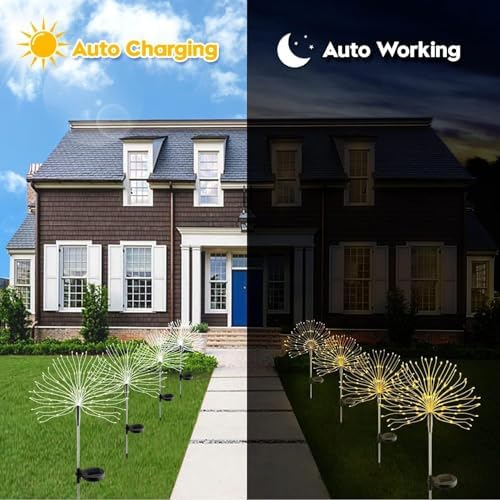 Warm White Solar Lights for Garden Decoration 150 LED Fairy Lights Starburst Outdoor Firework Decorative Lamp Pathway Lighting Waterproof Colored 4 Pack - Image 4