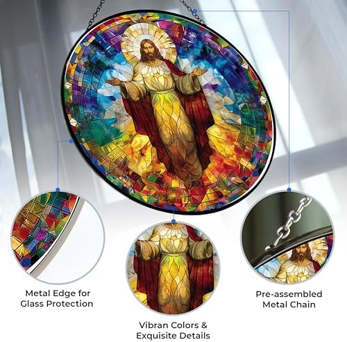 Christ Jesus Decor Stained Glass Suncatcher - Window Wall Hanging Ornament UV-Print Glass Panel Sun Catcher - Decoration for Home Garden Christmas Party Wedding Housewarming Gift - Image 2