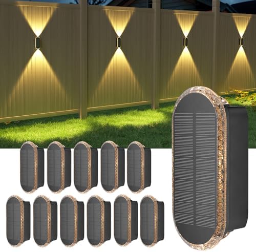 Ellasay Solar Fence Lightsv Backyark: 12-Pack Fence Lights Solar Powered 3 Color Modes - Up & Down LED Waterproof Solar Wall Lights for Outdoor Yard/Porch/Patio/Railing by ELLASAY