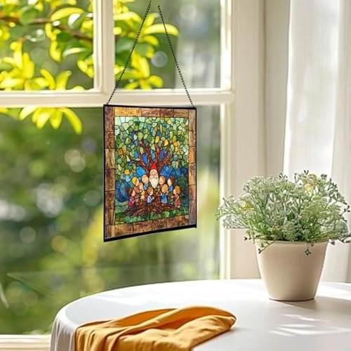 Gnome with Family Tree Stained Glass Suncatcher – Square Hanging Window Panel for Home, Garden, Nursery, Halloween, Christmas, Memorial Day – Whimsical Glass Art Gift for Gnome Lovers gvvriz - Image 3