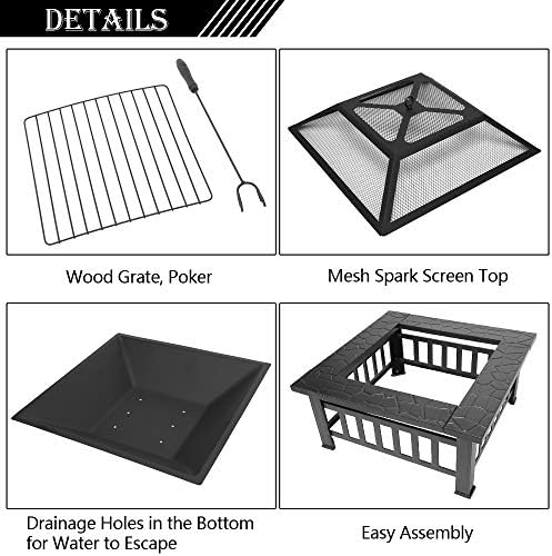 Outvita 32in Fire Pit Table, Outdoor Square Metal Firepit Table with Fire Bowl, Mesh Cover and Fire Poker for Patio Yard Garden Camping - Image 4