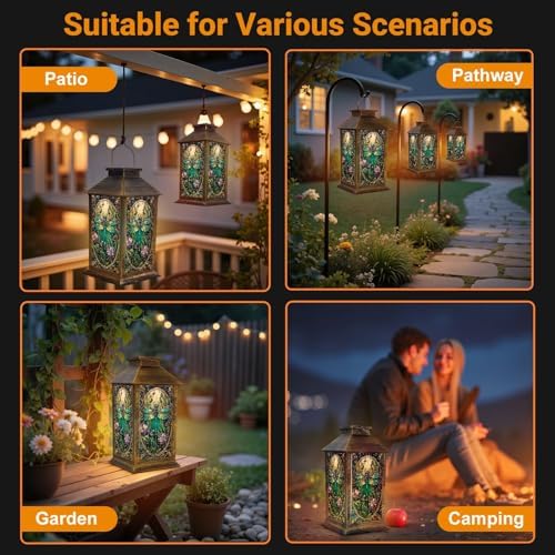 Solar Lantern Outdoor Waterproof Stained Glass Dragonfly Vibrant Flowers Intricate Details Garden Decor LED Solar Lights Hanging/Tabletop Lamp Gifts for Women Mom for Outside Yard Patio - Image 6