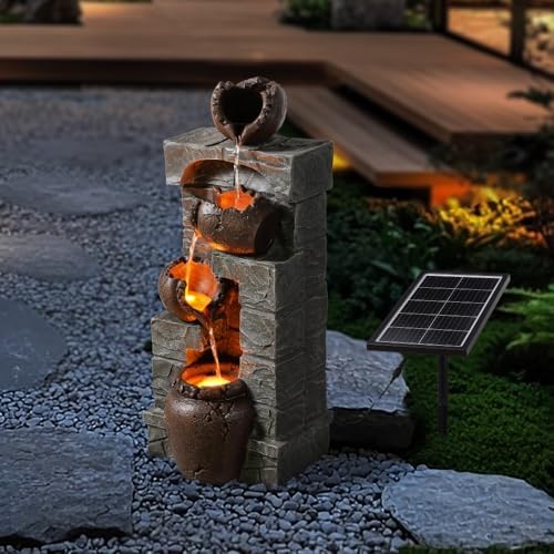 27'' Solar Powered Water Fountain Outdoor, Cascading Stones & Broken Earthenware Waterfall Fountain, Natural Relaxing Water Feature for Garden, Patio, Yard Landscape Decor - Image 7