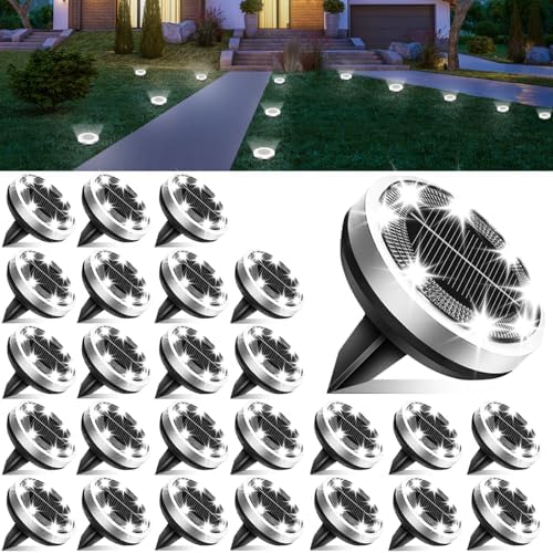 Solar Lights Outdoor Waterproof, 26 Pack 8 LED, Thickened Stainless Steel Ground Light, Solar Garden Lights Landscape Lighting for Patio Pathway Lawn Yard Deck Driveway Walkway, Cool White by Lightkeeys