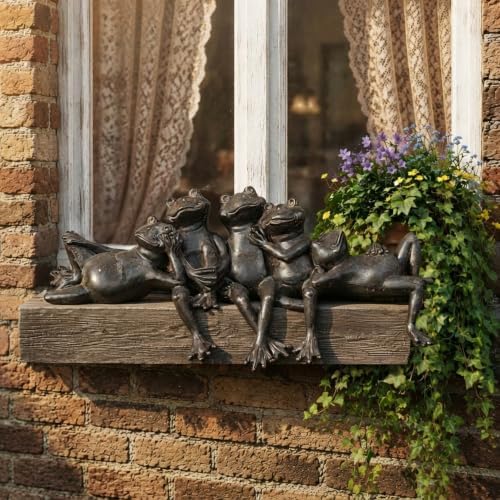 Landhoow Vintage Bronze Frog Garden Statue 15.5" W Funny Resin Figurine - Image 2