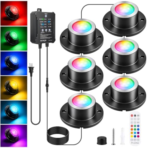 LED Pond Lights RGBWW, Underwater Pond Lights with 12V Timer Transformer, 6 Head Outdoor IP68 Waterproof Submersible Fountain Lights, Remote Control & Photocell Sensor for Pond, Waterfall, Garden by FLETERGIB
