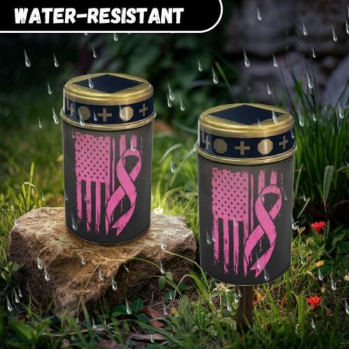 Poceacles Solar Outdoor Lights Solar Grave Lights Cemetery Candles Decorative LED Automatic Flameless Candle, Pink Ribbon American Flag, Pack of 4 - Image 6