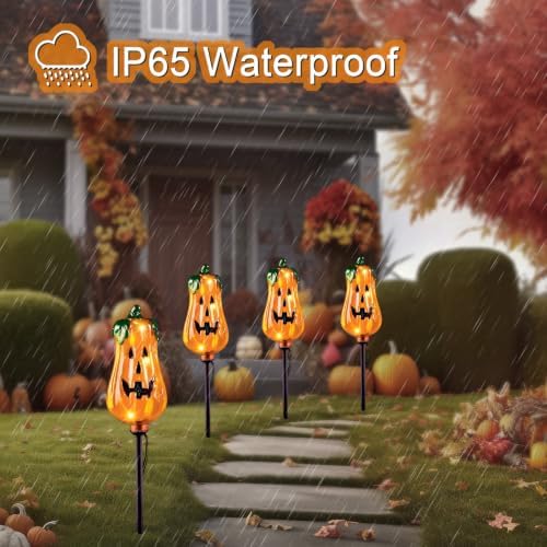 Halloween Decorations Outdoor,4 Pack Halloween Pumpkin Solar Lights Stakes - Image 5