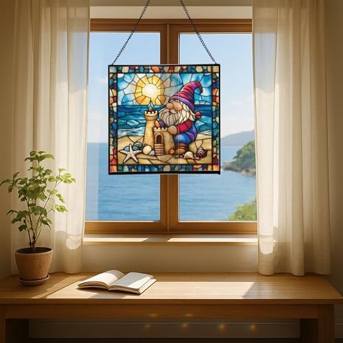 Beach Day Gnome Stained Glass Suncatcher – Square Hanging Window Panel for Home or Greenhouse – Whimsical Glass Art Gift for Garden Lovers, Christmas, Halloween, Father Days 0y3Ubp - Image 6
