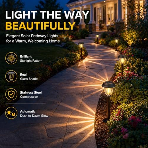 DERAYSION 8 Pack Solar Lights Outdoor, Stainless Steel Glass Solar Pathway Lights, Auto On/Off Long-Lasting Waterproof Garden Lights for Landscape, Path, Yard, Driveway, Walkway Decor (Warm White) - Image 6