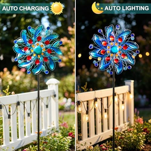 360° Solar Wind Spinners for Yard and Garden - Outdoor Metal Wind Sculptures & Spinners, Red Blue Kinetic Art with Solar Powered LED Multi-Color Glass Ball Lights for Patio, Lawn Decor - Image 3