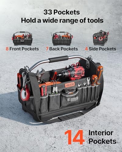 VEVOR Tool Bag, 16.1 Inch, 33-Pocket Open Top Tool Tote, Portable Electrical Maintenance Toolbox Organizer Storage with Hard Plastic Base, Adjustable Shoulder Strap, for Professionals DIY & Jobsite - Image 2