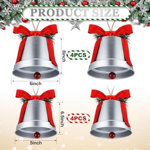 MorningRo 8 Pcs 8+6.5in Silver Giant Bells Extra Large Christmas Bells for Outside Decor for Xmas Tree Doors Firepalces Unique for Large Xmas Bell Ornaments Garland Indoor Outdoor - Image 2