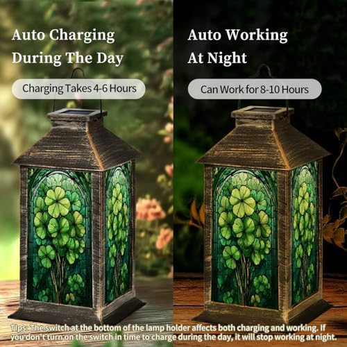 Solar Lantern St Patrick s Day Stained Glass Clover Tree Greenery Intricate Outdoor Waterproof Hanging Solar Light Outside Lights for Patio Yard House Lawn Decor Birthday Gifts for Women Mom - Image 4
