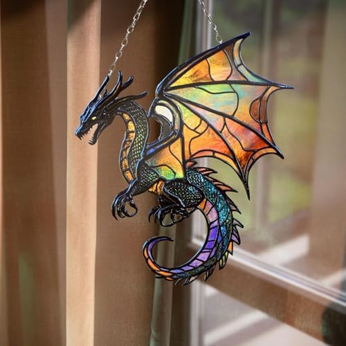 Fantasy Dragon Acrylic Suncatcher Size 12 inches, Boho Stained Glass Effect Window Hanging Ornament, Garden Decor, Gift for Mother's Day by XISZYS