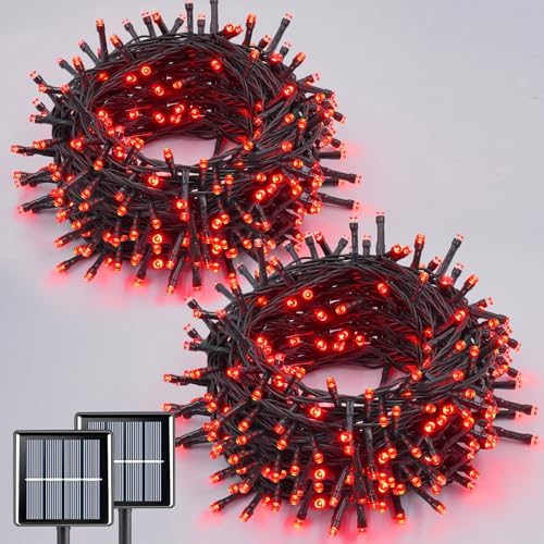QITONG Solar Halloween Lights, 2 Pack Each 66ft 200 LED Halloween led Lights Outdoor Waterproof, 8 Modes Green Wire Twinkle Lights for Outside by QITONG