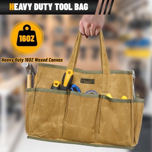 16OZ Waxed Canvas Tool Tote Bag | Large-Capacity Tool Storage Tote with 10 External Pockets | Multi-Purpose Garden Tool Carrier for Gardening, Wrench, and Carpentry Tools – Khaki - Image 4