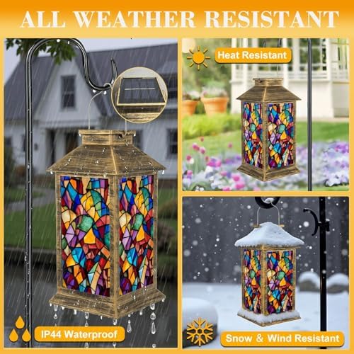 Solar Lantern Outdoor Waterproof Colorful Stained Glass Abstract Mosaic Vibrant Patterns Garden Decor LED Hanging Solar Lights Tabletop Lamp Gifts for Women Mom Outside Yard Patio Porch - Image 3