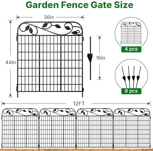 AMAGABELI 4 Panels 44 in(H )X 12 ft(L) Decorative Garden Fence Gate,Dog Fence Outdoor for Yard,Rustproof Tall Garden Fencing Animal Barrier Metal Wire Panel Border with Leaves for Flower Bed Black - Image 2