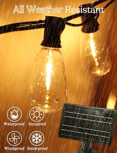 50ft Solar Outdoor String Lights with Remote - USB Rechargeable Solar Powered Outdoor Patio Lights, Larger 1.5W Solar Panel, Timer, Dimmable Shatterproof ST38 Bulbs for Backyard, Garden, Pool - Image 3